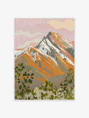 Illustrative mountain landscape print with pink sky, orange peaks, and green foliage foreground