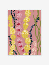 Abstract botanical wall art with pink and yellow clustered flowers, dark blue berries, and green vines on a pink background.