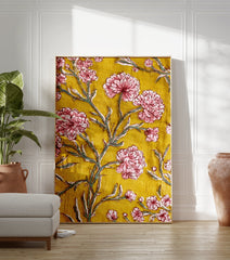 Pink and yellow floral wall art with Indian botanical print design on a rich yellow background with green stems. - Image 3