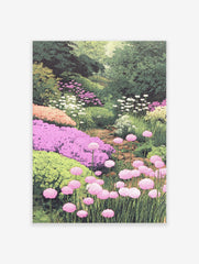 Lush garden art print with pink allium flowers, purple phlox, white blooms, and green foliage