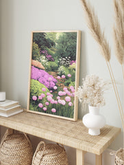 Lush garden art print with pink allium flowers, purple phlox, white blooms, and green foliage, in an alternate framed mockup