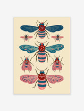 Pink and blue insect wall art with five stylized bugs, teal wings, and striped bodies on cream background