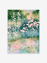 Pink and white flowers above reflective water in an impressionist floral art print