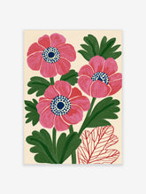 Pink anemone flower botanical illustration art print with three blooms on cream background