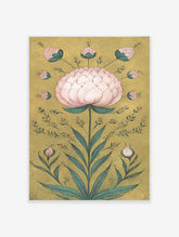 Pink botanical flower poster with teal leaves and gold background
