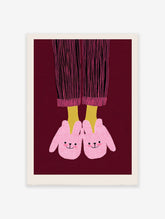 Illustration of feet in pink bunny slippers and striped pajamas on a dark red background, whimsical wall art print.