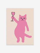 Pink cat illustration holding a wine glass on a light background. Quirky animal wall art print.