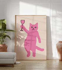 Pink cat illustration holding a wine glass on a light background. Quirky animal wall art print. - Image 3