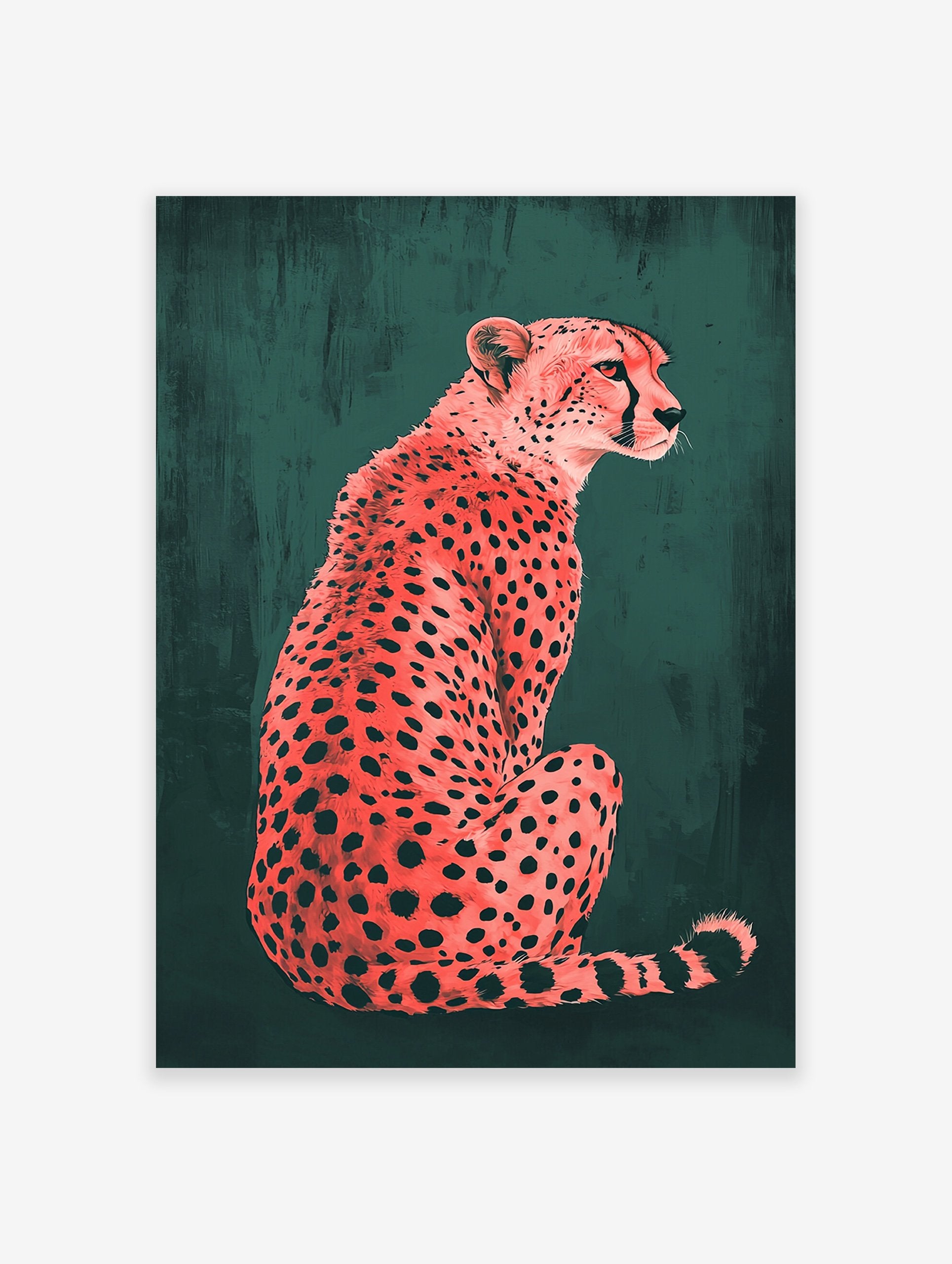 Pink cheetah poster with black spots sitting against a dark green textured background, an illustrated animal print.