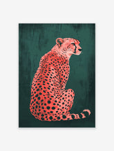Pink cheetah poster with black spots sitting against a dark green textured background, an illustrated animal print.
