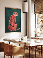 Pink cheetah poster with black spots sitting against a dark green textured background, an illustrated animal print. - Image 2