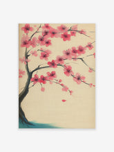 Pink cherry blossom branch with dark stems on beige background, teal ground, Japanese floral art print