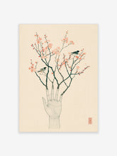 Surreal illustration of a hand with branches growing from fingers, pink cherry blossoms and two birds on beige background