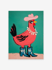 Pink chicken illustration wearing a pink cowboy hat, pearl necklace, and blue cowboy boots on a teal background