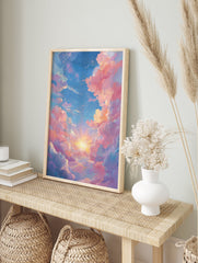 Pink Cloud Poster featuring a dreamy pastel sky with fluffy pink and orange clouds, a bright sunburst, and sparkling stars. - Image 4