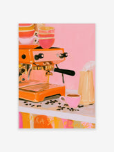 Pink coffee poster with orange espresso machine, pink cup, beans, and 'Extra Shot Please' text