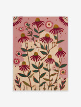 Modern illustrative painting of pink coneflowers with green leaves and red petals on a pink and cream background.