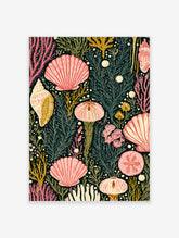 Pink coral reef poster with fan shells, sea urchins, and seaweed on a dark background