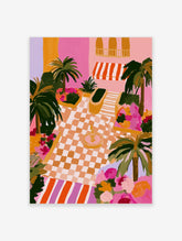 Colourful courtyard art print with palm trees, checkered floor, and pink walls