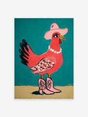Pink chicken illustration wearing a cowboy hat, pearl necklace, and pink cowboy boots on a teal background