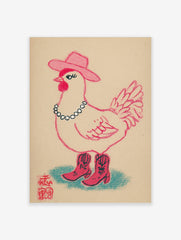 Illustrative print of a pink cowgirl chicken wearing a cowboy hat, beaded necklace, and boots on a beige background