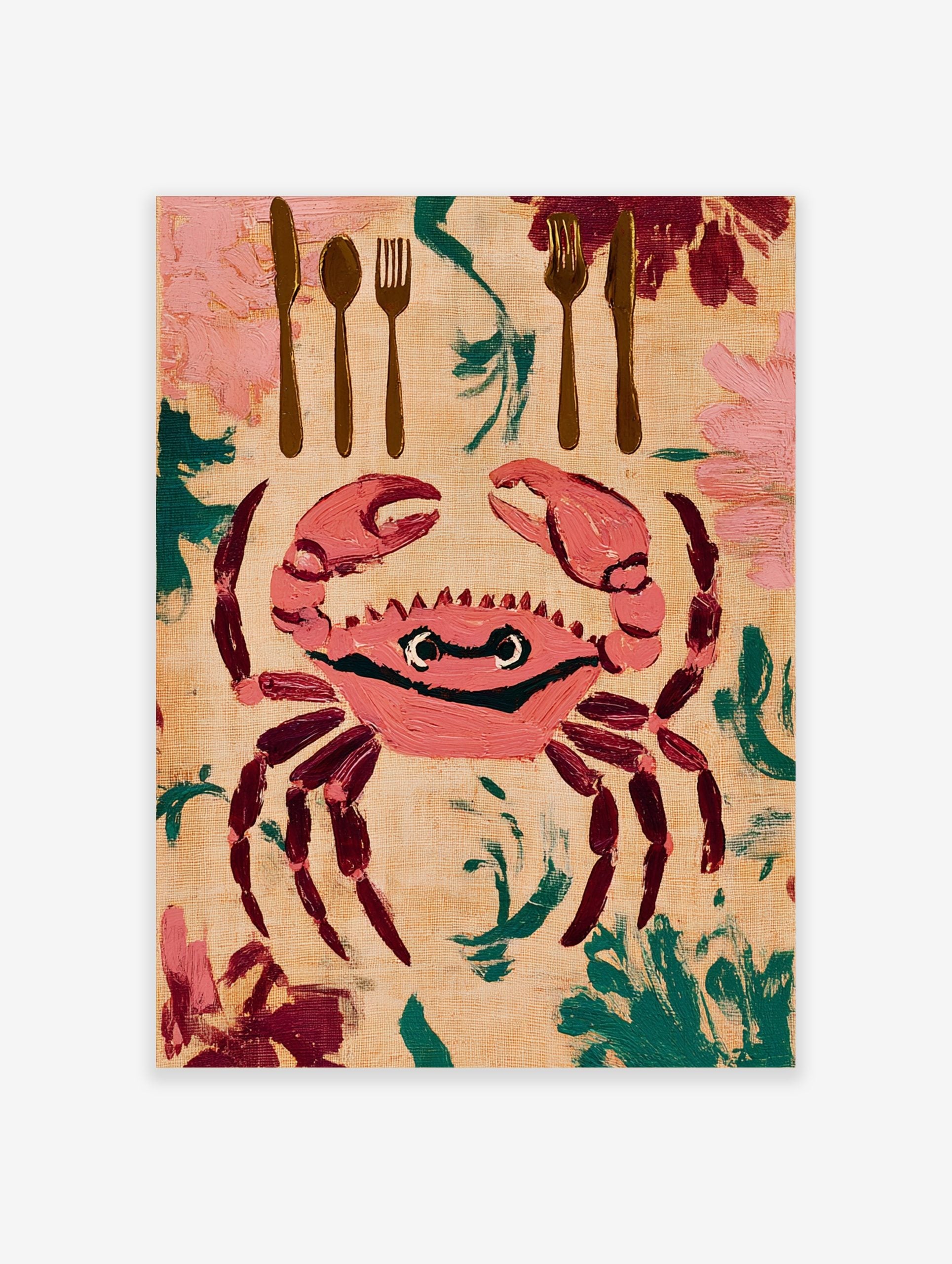 Illustrative wall art print of a pink crab with cutlery and foliage on a beige background