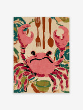 Pink crab illustration with brown cutlery (forks, spoon) and green bowl on beige background