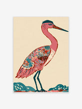 Pink crane illustration with teal legs and floral patterned body on beige background, unframed art print