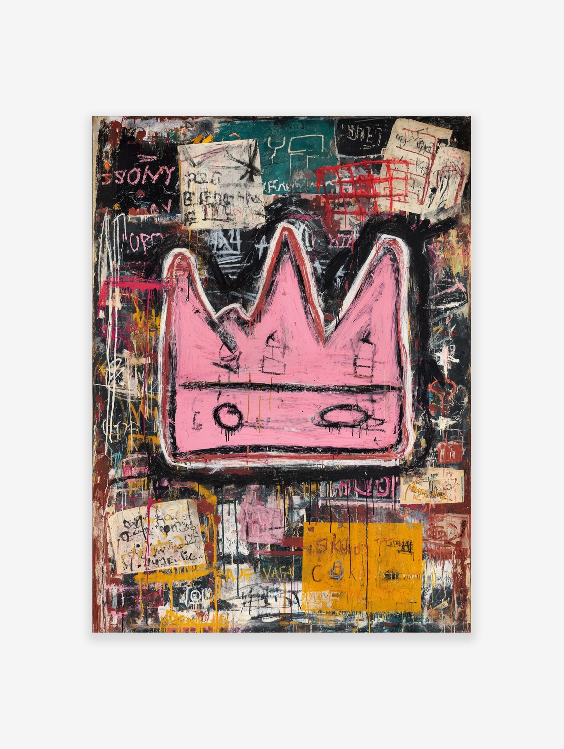 Bold pink crown with black outlines on a layered, abstract background of black, teal, and yellow with graffiti text
