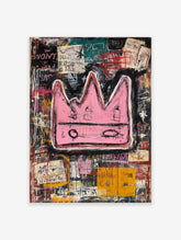 Bold pink crown with black outlines on a layered, abstract background of black, teal, and yellow with graffiti text