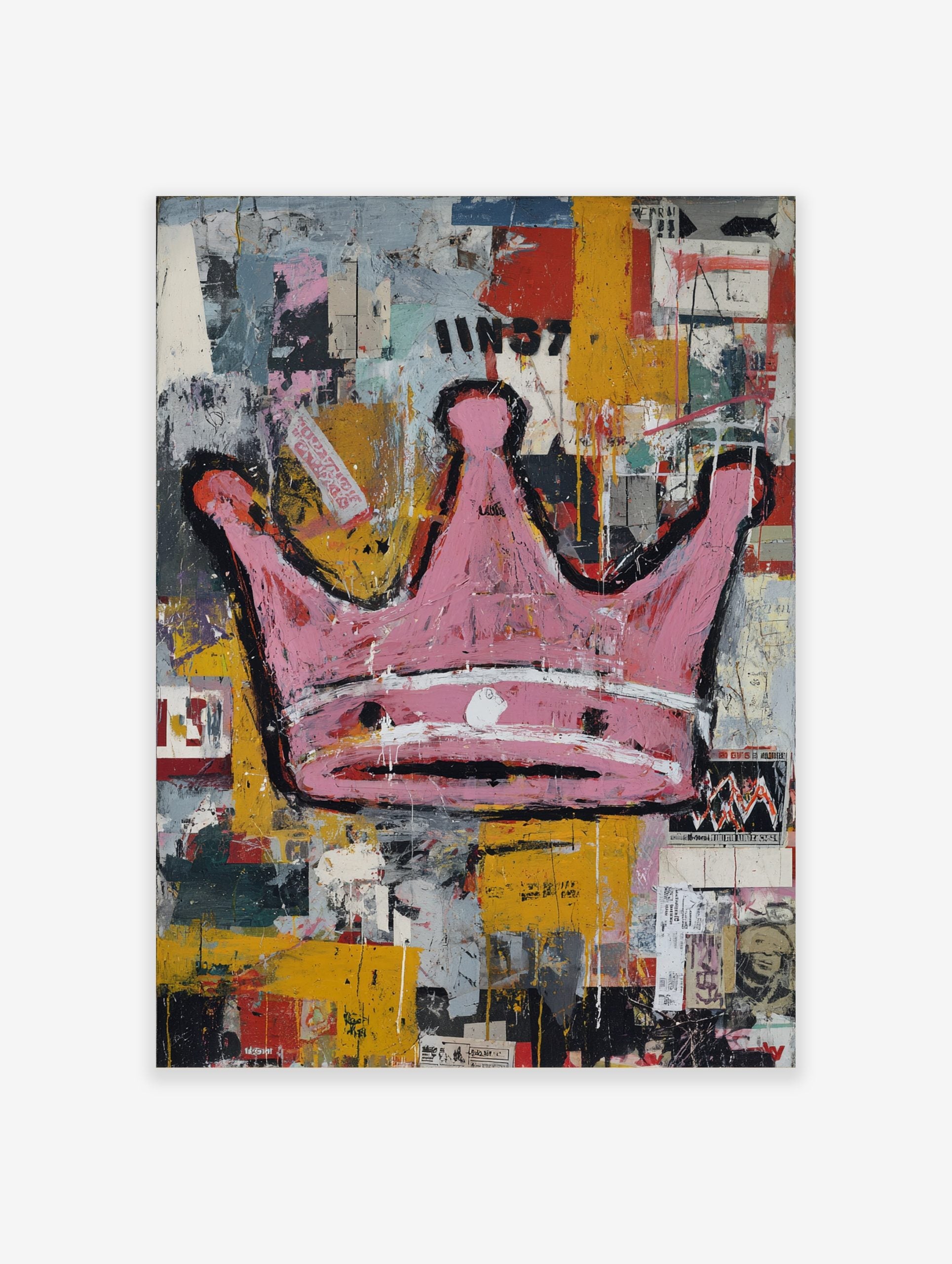 Pink crown with black outlines on a distressed, multi-colour street art background with text fragments