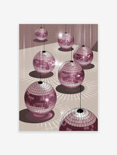 Illustration poster of multiple pink disco balls reflecting light onto a beige surface, creating a festive party atmosphere.