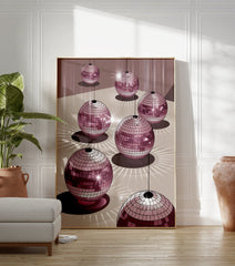 Illustration poster of multiple pink disco balls reflecting light onto a beige surface, creating a festive party atmosphere. - Image 3