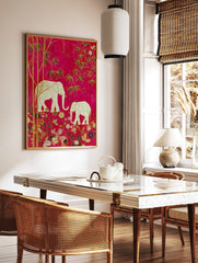 Illustrative wall art with two white elephants, golden bamboo, and ornate flowers on a fuchsia, in a styled room mockup