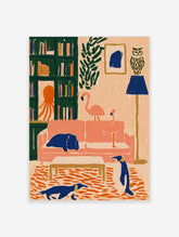 Pink flamingo and octopus wall art print with blue dog on sofa and owl lamp