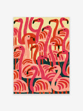 Pink flamingo wall art print featuring a dense flock of stylised pink and coral birds on yellow and teal background