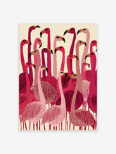 Illustrated pink flamingo wall art print with dense flock of stylised birds on cream background