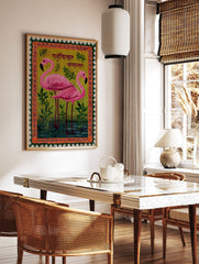Pink Flamingo Wall Art print featuring two flamingos, green plants, Indian folk art border, and Devanagari script, like a postage stamp. - Image 3