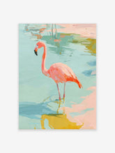 Painterly pink flamingo standing in shallow blue-green water, impressionistic art print