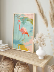 Painterly pink flamingo standing in shallow blue-green water, impressionistic art print, in an alternate framed mockup