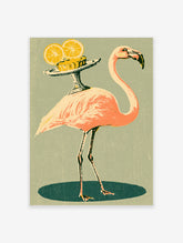 Pink flamingo illustration balancing a tray with lemon slices and cake on a sage green background