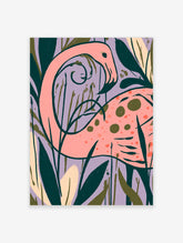 Pink flamingo with curved neck and spotted body among dark green leaves on lilac background art print