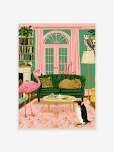 Pink flamingo and capybara on green sofa in colourful animal poster with penguin and owl
