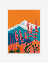 Vibrant pink flower mountain wall art painting with orange sky and blue mountains.