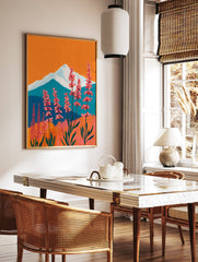 Vibrant pink flower mountain wall art painting with orange sky and blue mountains. - Image 2