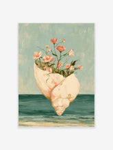 Pink flowers in a cream seashell floating above a teal ocean, coastal botanical art print