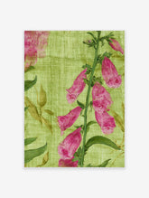Botanical illustration of pink Foxglove flowers on a textured green background, vertical art print
