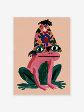 Pink frog with patterned hat and green eyes, sitting on beige background, illustration print