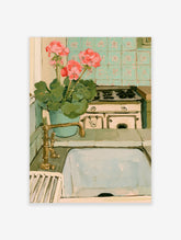 Pink geraniums in a teal pot by a kitchen sink and stove, painterly poster