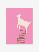 Whimsical pink wall art featuring a white goat standing on a brown chair, rendered in a clean illustration style.